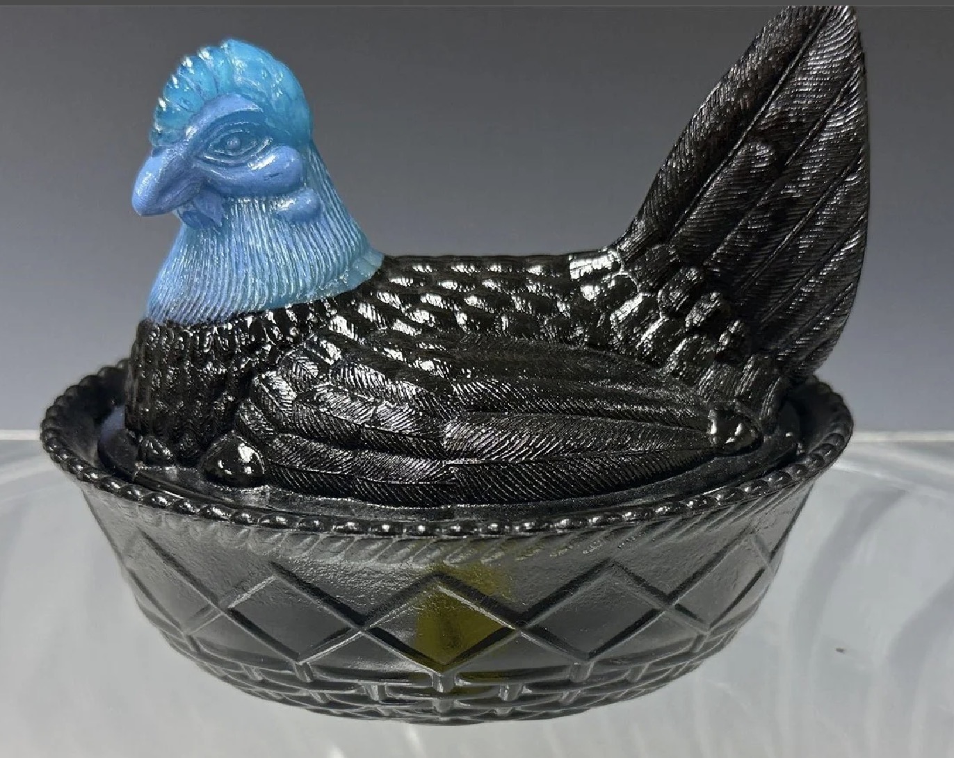Black Hen with Blue Head on Basketweave Base