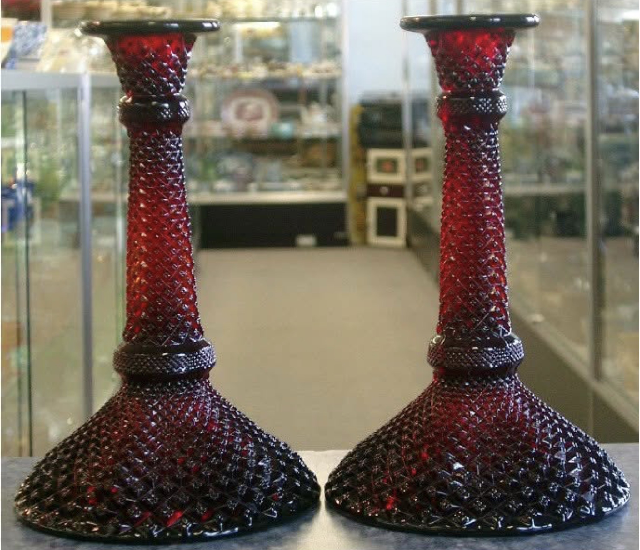 English Hobnail Candlesticks Ruby