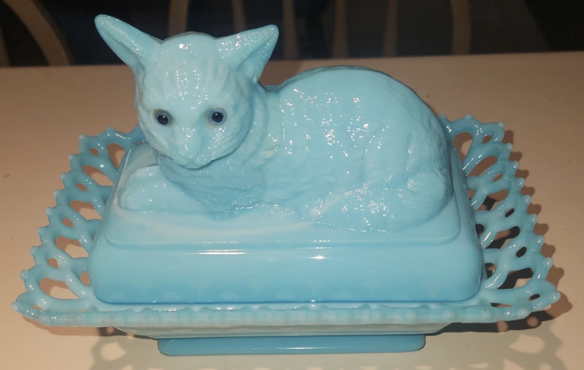 Cat and Lacy Base Covered Dish Antique Blue