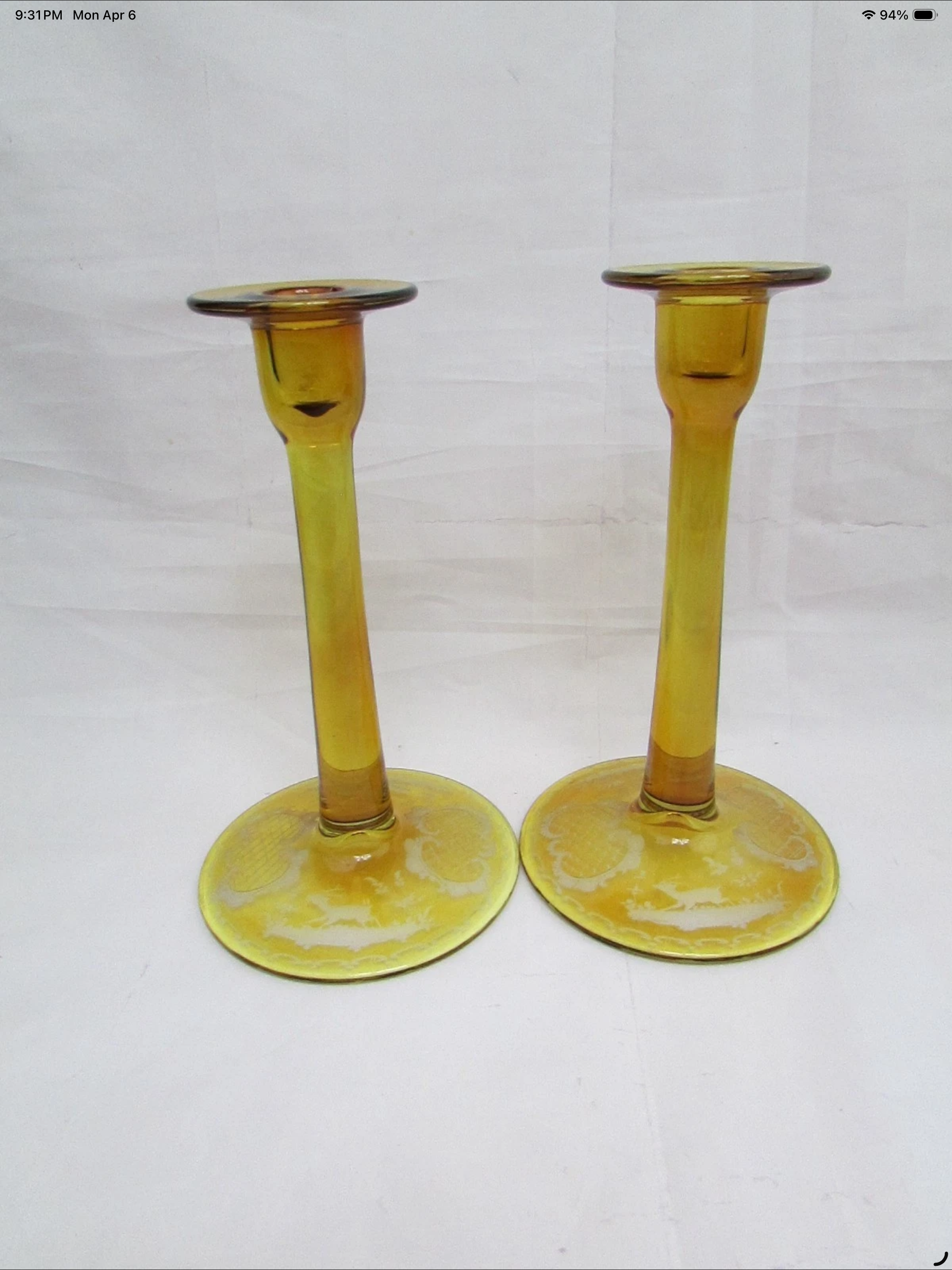 Line 1031 Candlesticks Yellow Stain Deer and Castle Etch