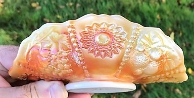 Hobstar and Fruit Folded Dish Peach Opalescent Carnival