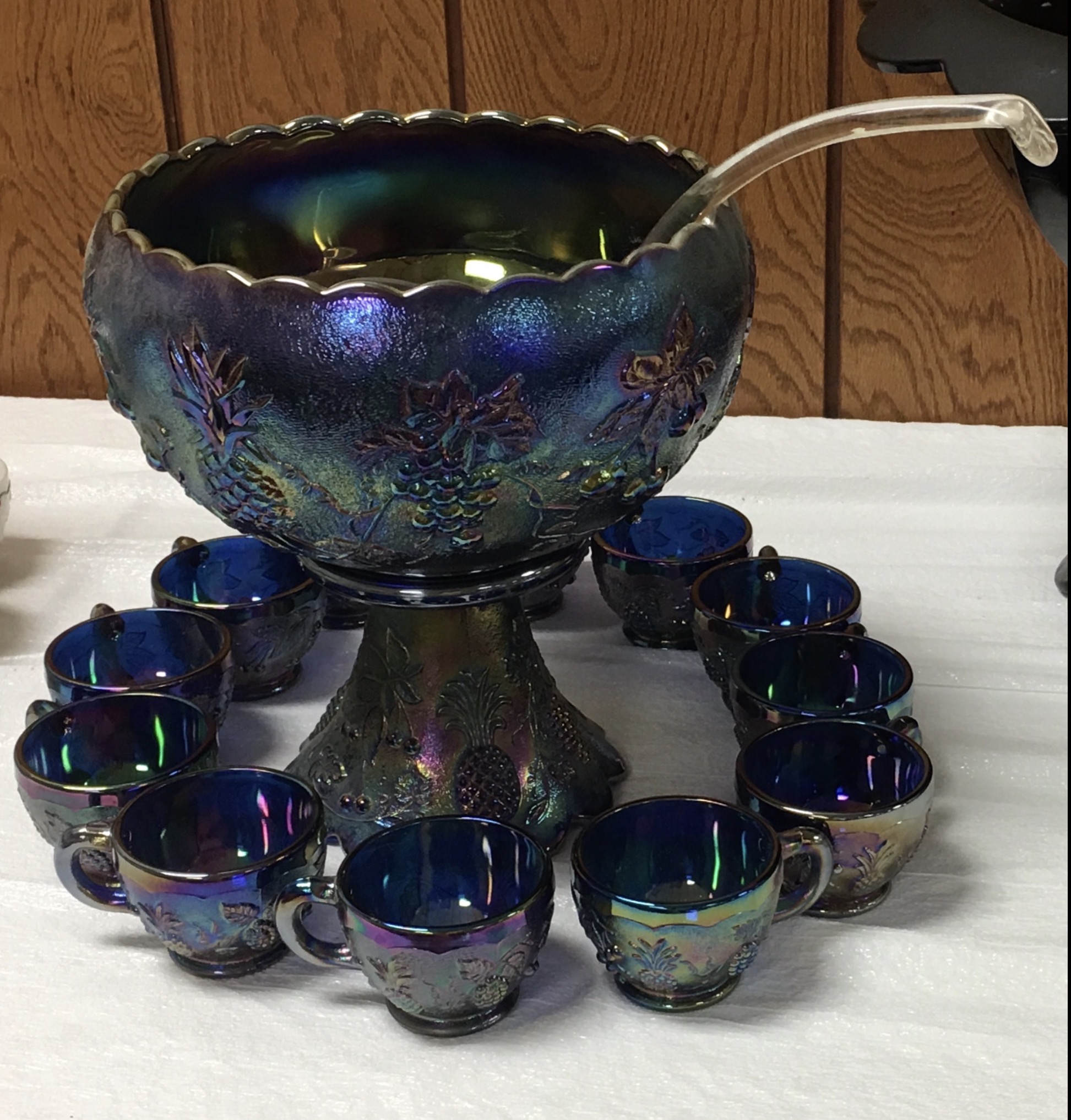 Three fruits punch bowl set in cobalt carnival