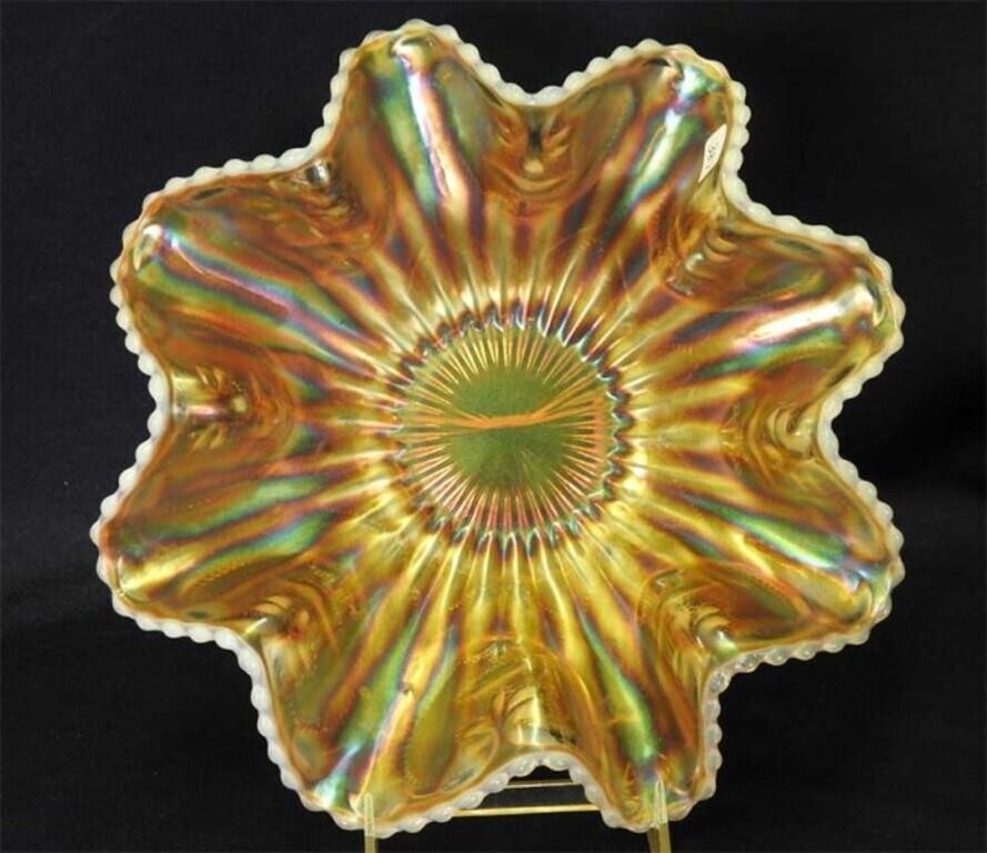 Smooth Rays Ruffled Bowl Peach Opalescent Carnival