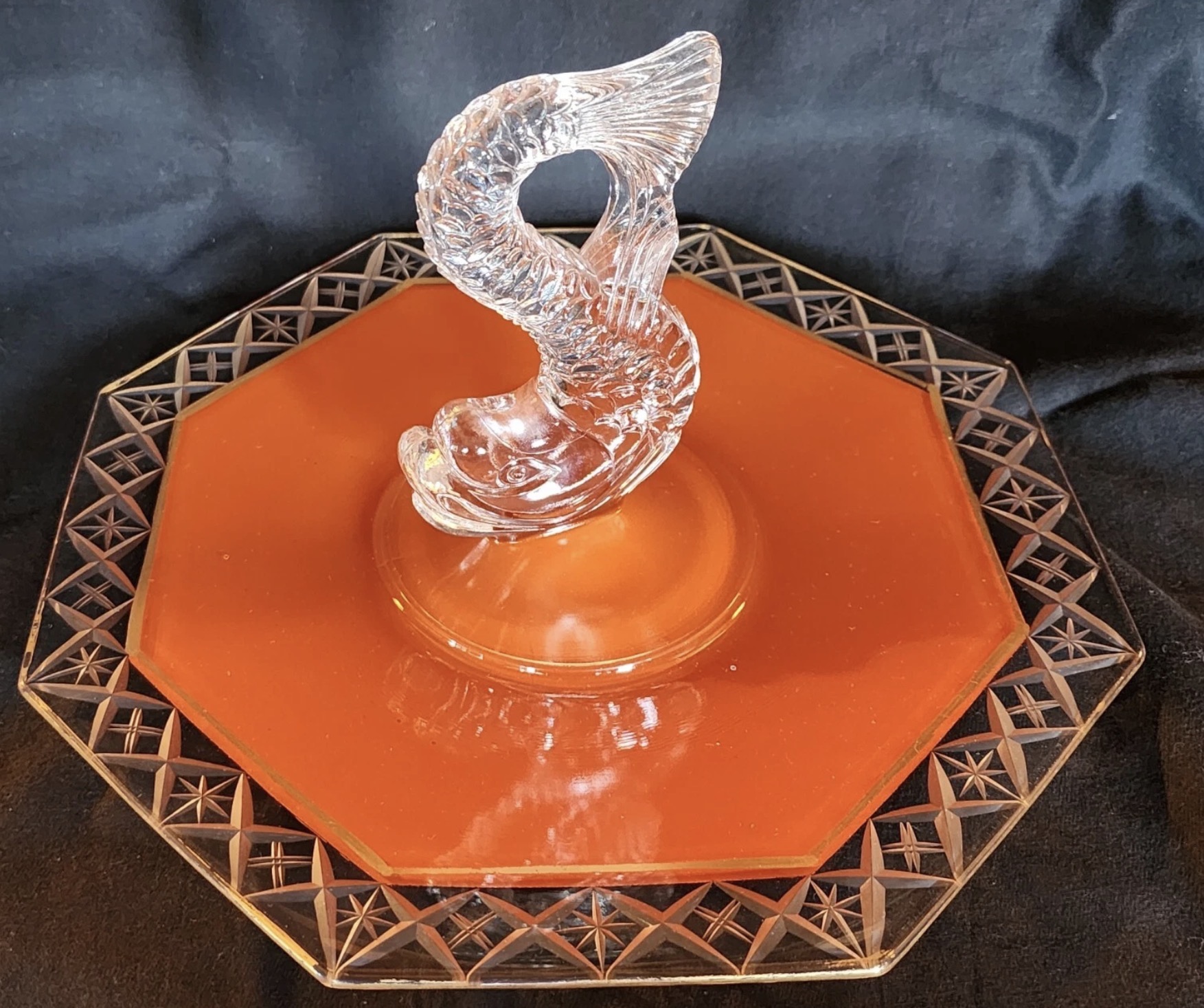 Westmoreland #1049 Clear Dolphin Center Handle Serve Tray Fired Orange Etch Gold