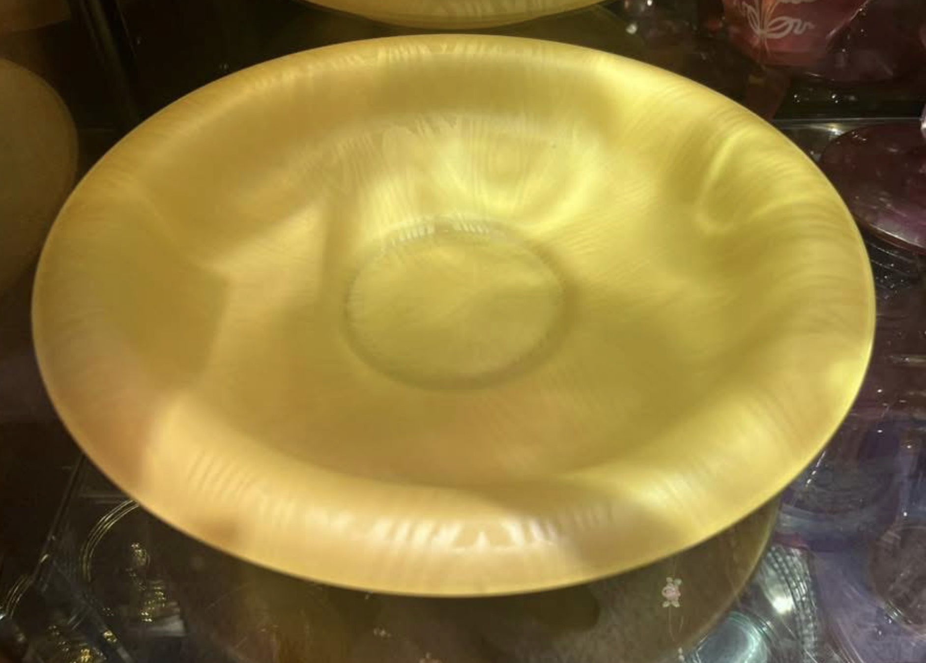 Rare Satin Moire Decoration on 1900 10” Rolled Edged Bowl Yellow