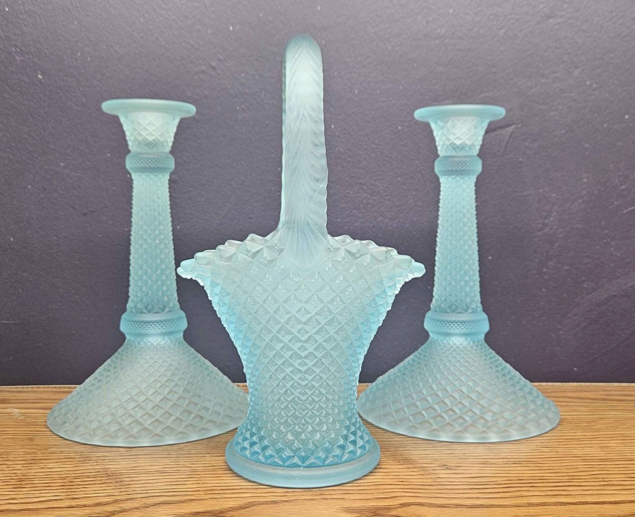 English Hobnail Candlesticks and Basket Light Blue Mist