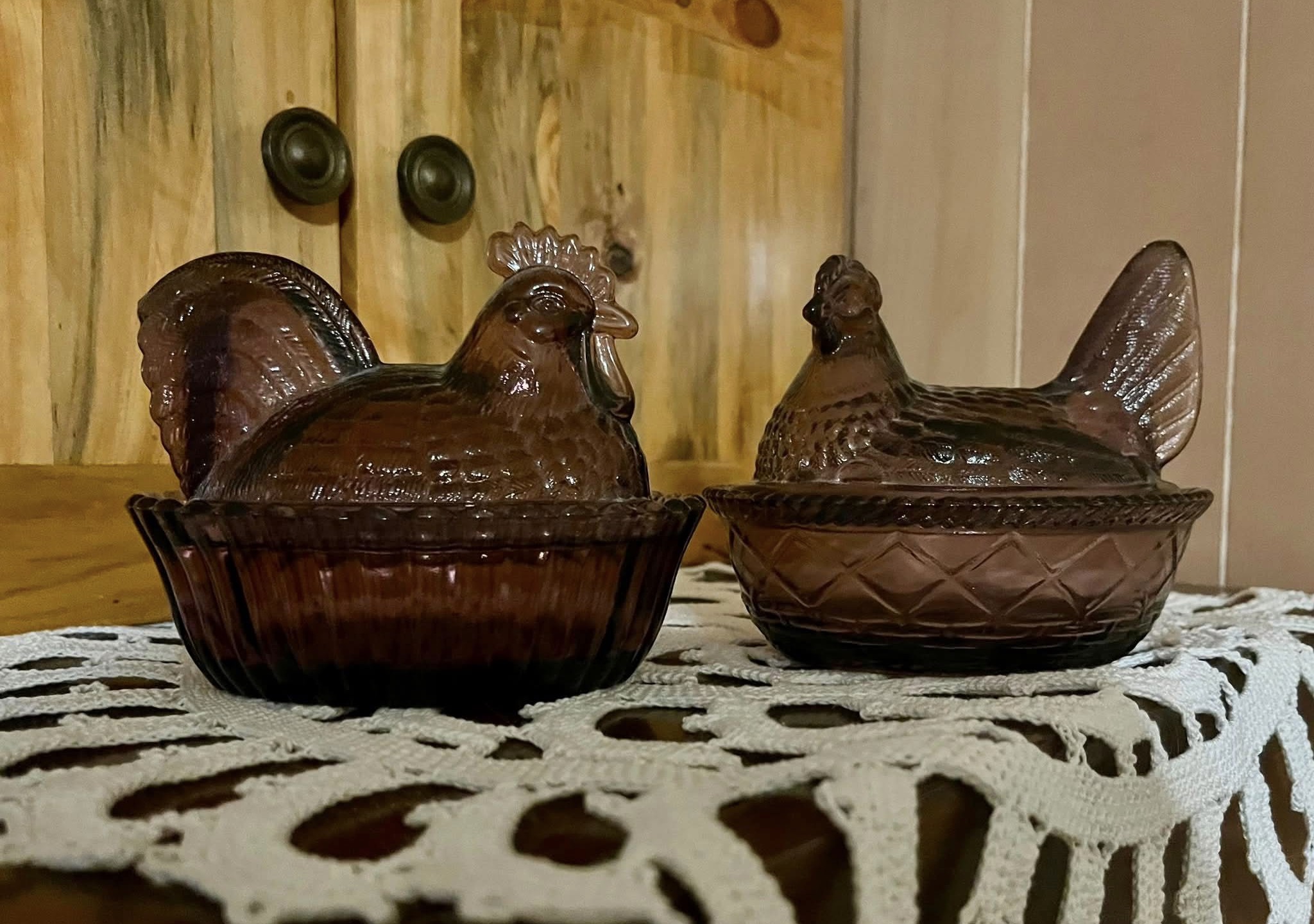 Amethyst Hen and Rooster Covered Dishes poured by Mosser using Westmoreland molds and sold by Rosso.