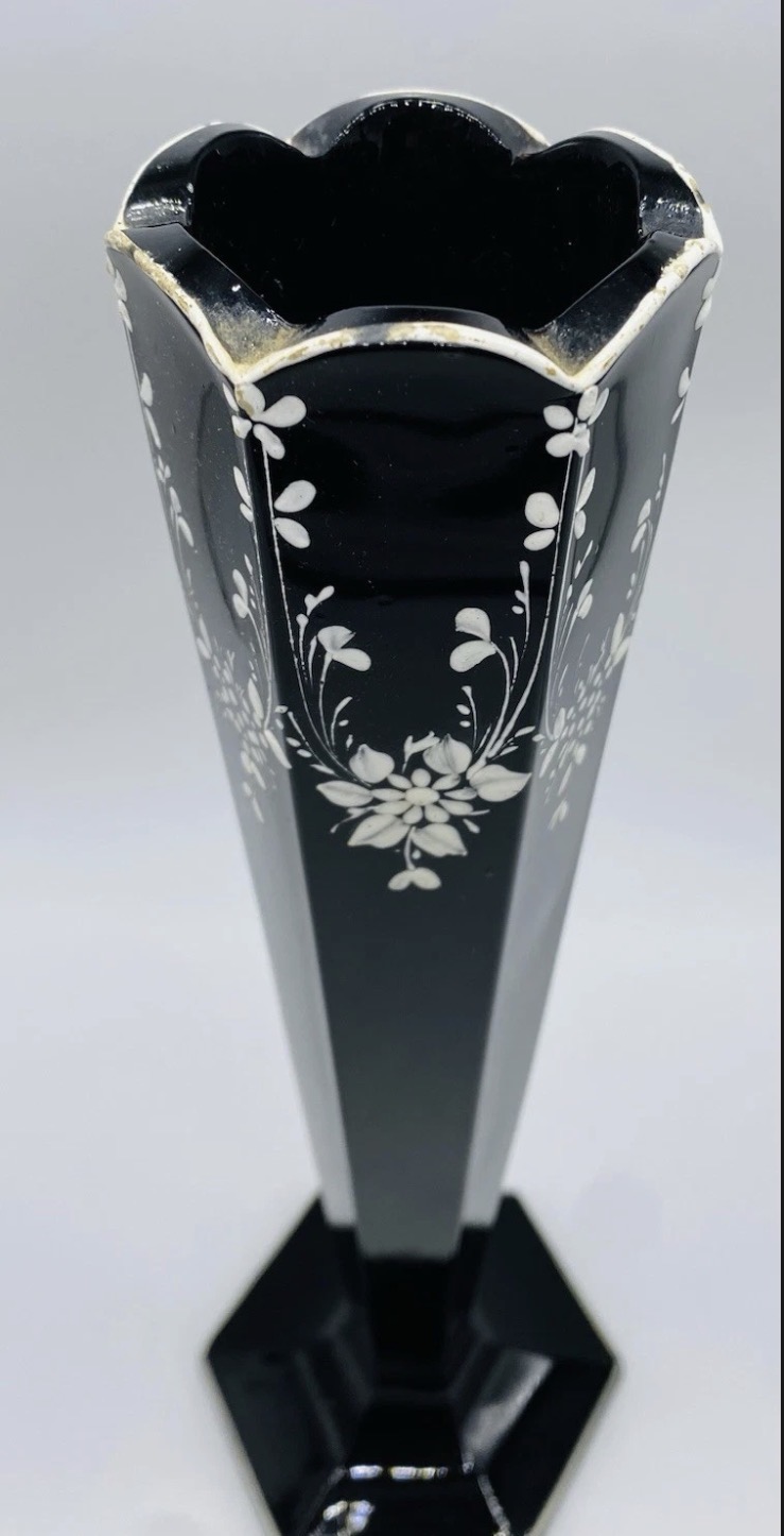 1700 Vase Black with Hand Painted White Floral Enamel Paint 