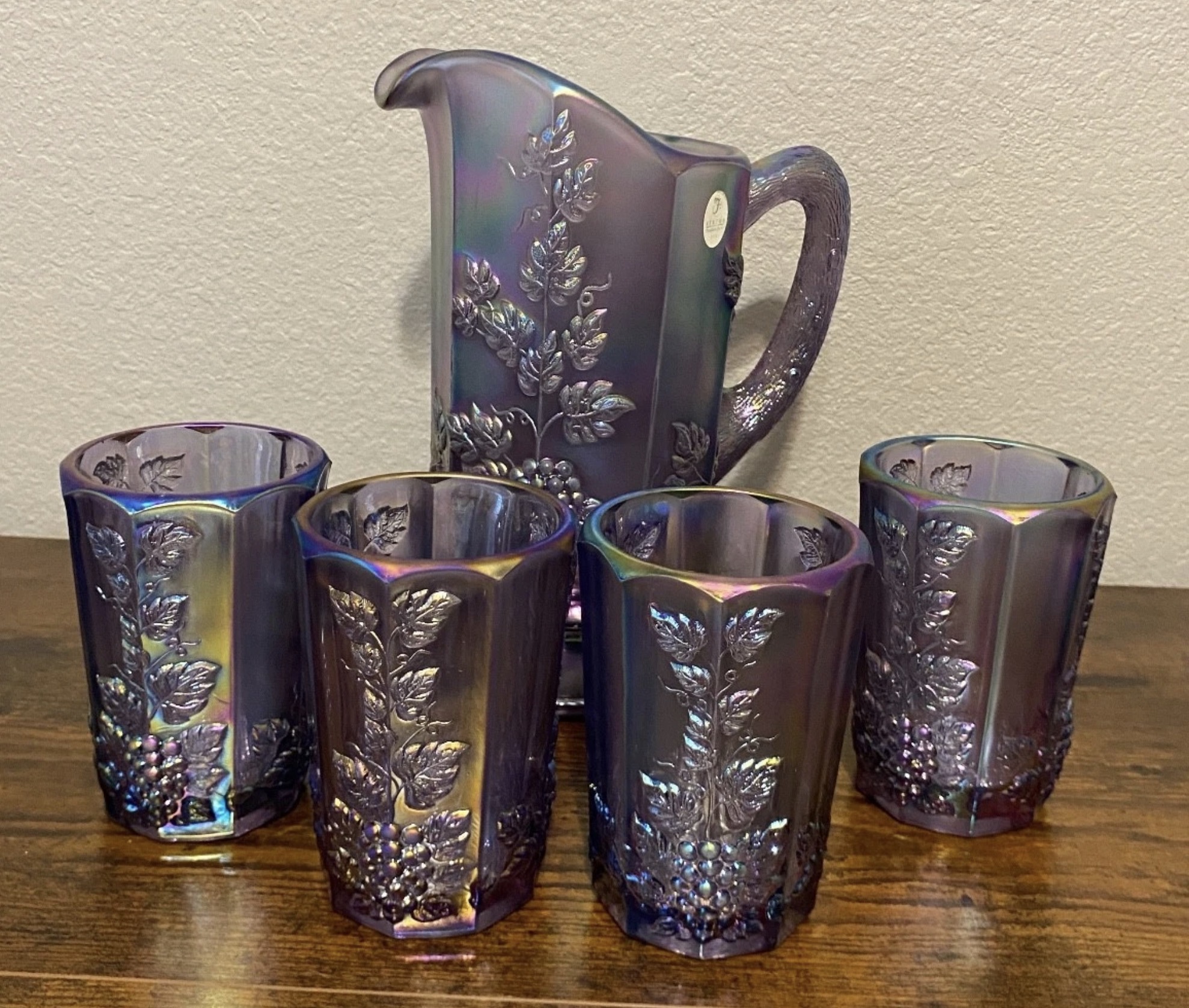 Fenton Paneled Grape Violet Iridescent Pitcher Set