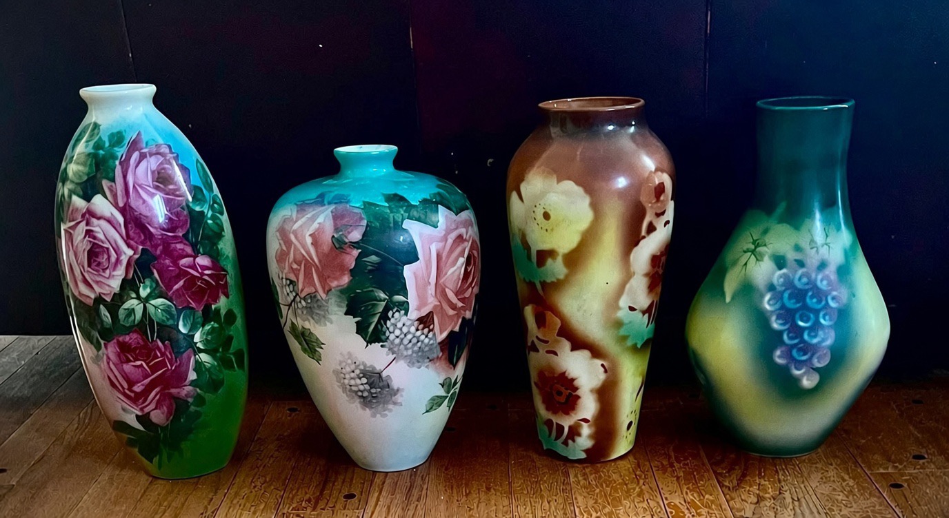 Fostoria Early Opal Decorated Vases