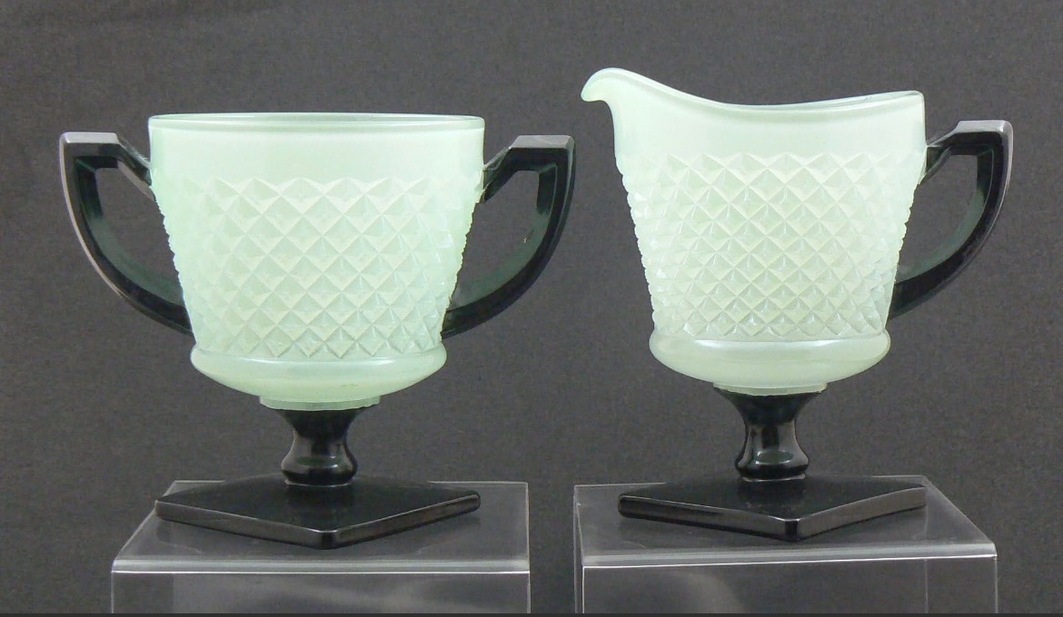 English Hobnail Creamer and Sugar Clambroth / Black