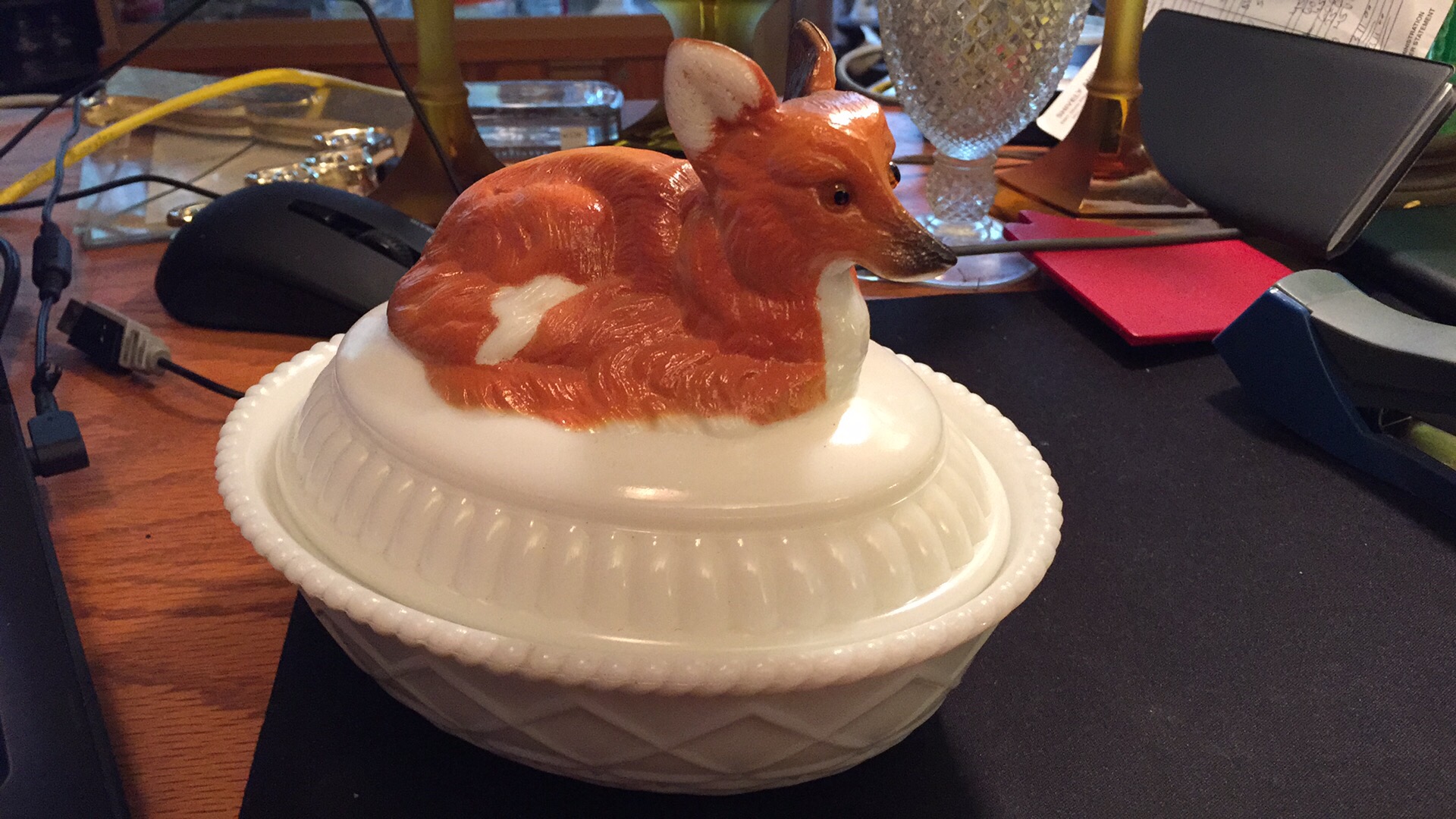 Covered Fox on Basketweave Base Hand Painted