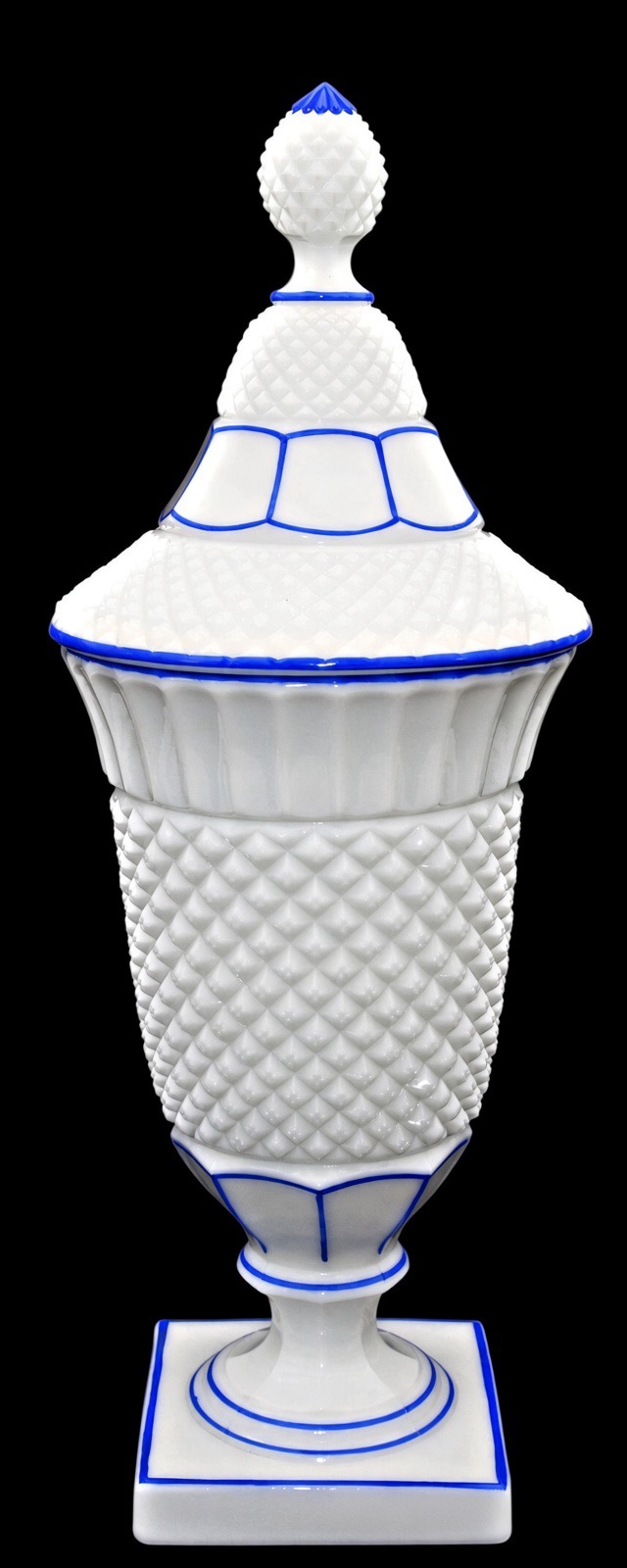 Line 300 Lidded Urn Milk Glass Blue Trim